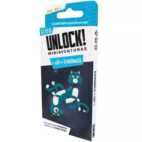 Paquete del juego de mesa Unlock! Miniaventuras El Gato de Schrödinger con ilustración de un gato animado en dos posiciones