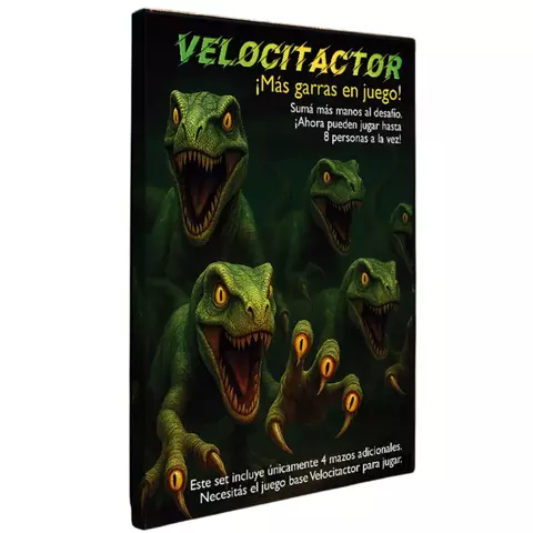 Portada del juego de mesa Velocitactor ¡Más Garras en Juego! con ilustración de velociraptores verdes y texto explicativo sobre la ampliación para hasta 8 jugadores.