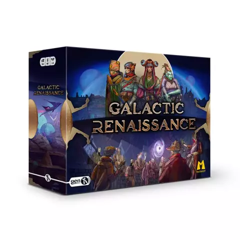 Caja del juego de mesa Galactic Renaissance con ilustraciones de personajes alienígenas y un paisaje espacial de fondo