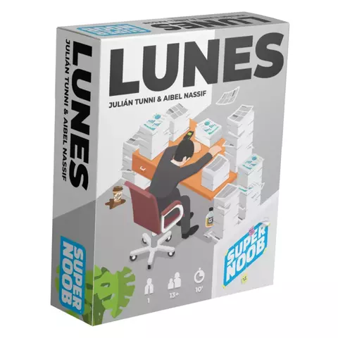 Caja del juego Lunes, con ilustración de un hombre estresado en un escritorio rodeado de papeles impresos.