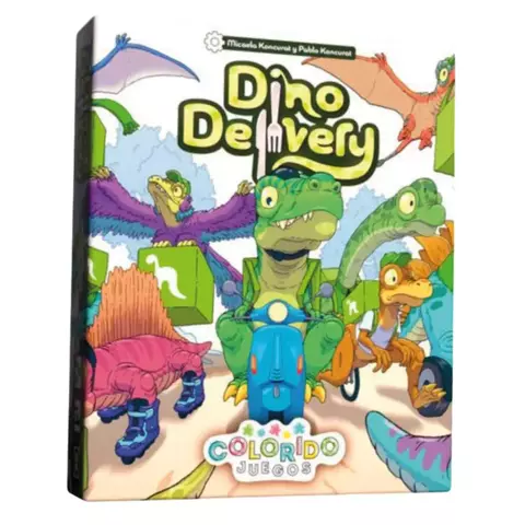 Portada del juego de mesa Dino Delivery con dinosaurios ilustrados en acción, uno de ellos en una moto azul y otros en patines y bicicleta.