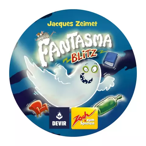 Caja circular del juego “Fantasma Blitz” de Devir. En el centro aparece un fantasma blanco sonriente con ojos verdes, rodeado de una botella verde, un libro azul y un sillón rojo. El fondo es azul oscuro con sombras, y se destacan los logotipos de Devir y