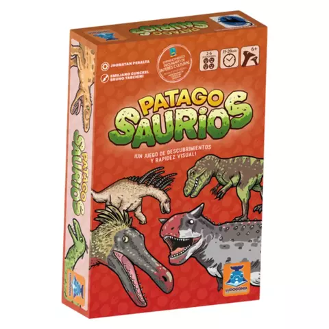 Juego de mesa Patagosaurios, con ilustraciones de dinosaurios en la caja.