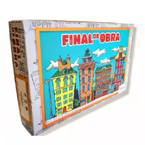 Caja del juego de mesa Final de Obra con ilustración de edificios coloridos y cielo azul