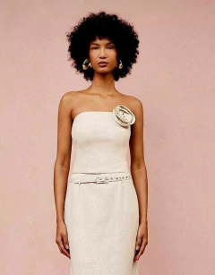 Cropped 100%Linho Strapless Broche Flor Karmani