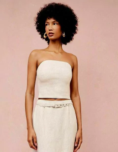 Imagem do Cropped 100%Linho Strapless Broche Flor Karmani