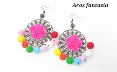 Aros Fantasía Rosa con pompones