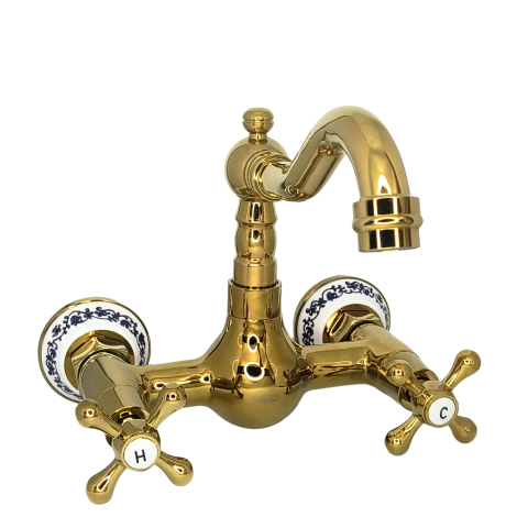 Torneira Mantova Misturador Retrô Baixo Parede Dourado e Porcelana