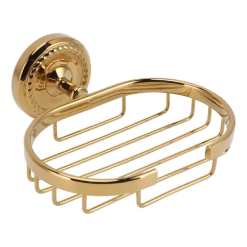 Saboneteira de parede em estilo vintage na cor dourada, com design oval e barras horizontais.