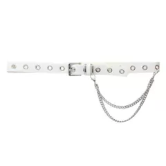cinto feminino branco em material sintético, com ilhós metálicos e correntes prateadas removíveis como detalhe decorativo