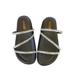 Sandália Papete Ludy com Brilho Strass Cristais - UZZEAME | Sapatos Femininos