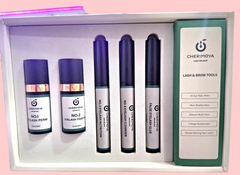 Kit de lifting de pestañas y laminación de cejas de Cherimoya, que incluye productos como fijador, perm, nutrición y pegamento para pestañas.