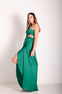 Vestido 1 hombro y drapeados satén verde bosque - Claudia Arias