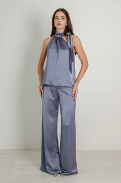 Conjunto de Top y pantalón en seda pasada plomo