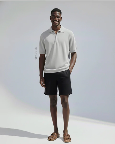 Camisa gola polo zíper piquet cinza claro