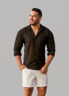 camisa linho botão manga longa