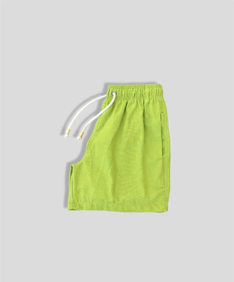 shortinho linho basico verde limão, ponteira madeira