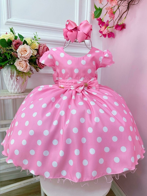 Vestido Infantil Rosa Bolinas Brancas Aplique de Laço