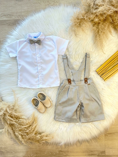 Conjunto Social Camisa Short Gravata e Susp. Cinza