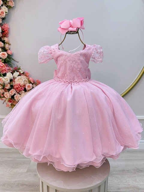 Vestido Infantil Rosa Renda Cinto de Pérolas Festas - comprar online