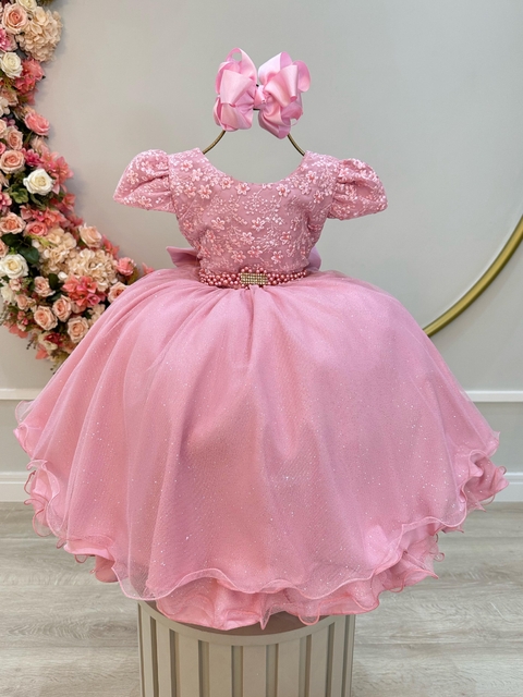 Vestido Infantil Rose Com Renda Cinto de Pérolas Festas