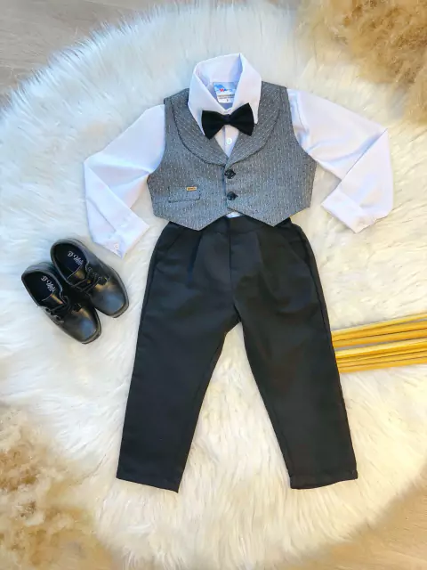Conjunto Social Camisa Calça Gravata Preto e Colete Cinza