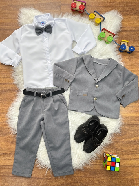 Terno Social Pajem Com Calça Gravata Cinza e Camisa Branca