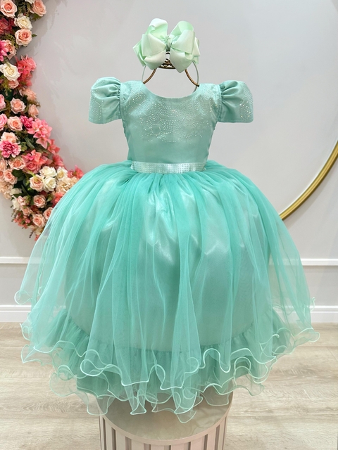 Vestido Infantil Verde Menta C/ Strass Casamentos Festas Luxo