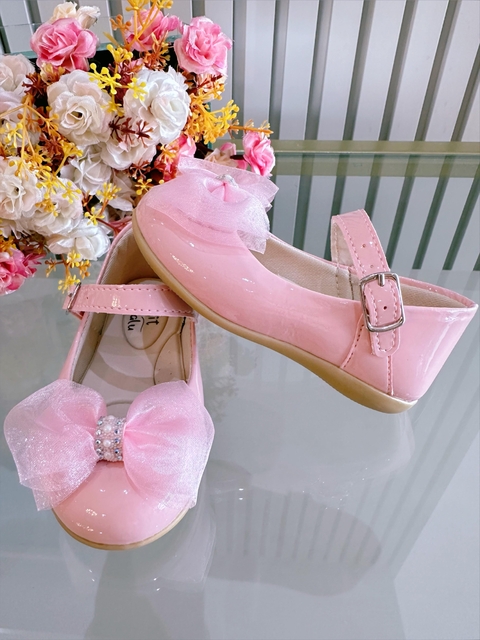 Sapatinho Rosa Veniz C/ Lacinho de Organza e Strass Batizado