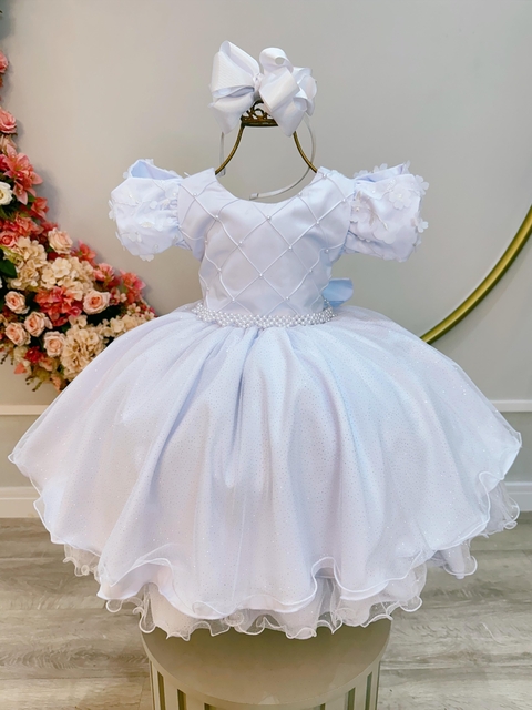 Vestido Infantil Branco C/ Busto Nervura Luxo Daminhas Festas