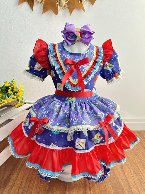 Vestido Infantil Junino Caipira Lilás Azul Colorido Estampado