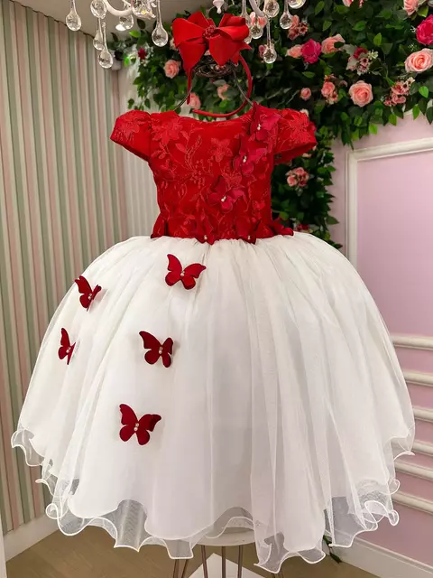 Vestido Juvenil - Midi Vila Lele Sabrina Vermelho e Off - comprar online