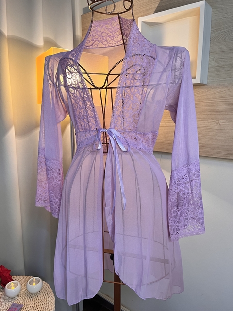 Robe de tule manga longa com detalhes em renda - Lilás - comprar online