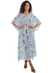 Saída Floral Vestido Kaftan Longo Bata Crepe Azul Fundo Branco