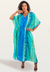Vestido Kaftan Saída Longo Bata Crepe Acetinado Listras Azul Verde - comprar online