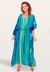 Vestido Kaftan Saída Longo Bata Crepe Acetinado Listras Azul Verde - Resort Wear