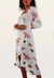 Vestido Envelope Babados Midi Manga Longa Viscose Estampado Floral Off White