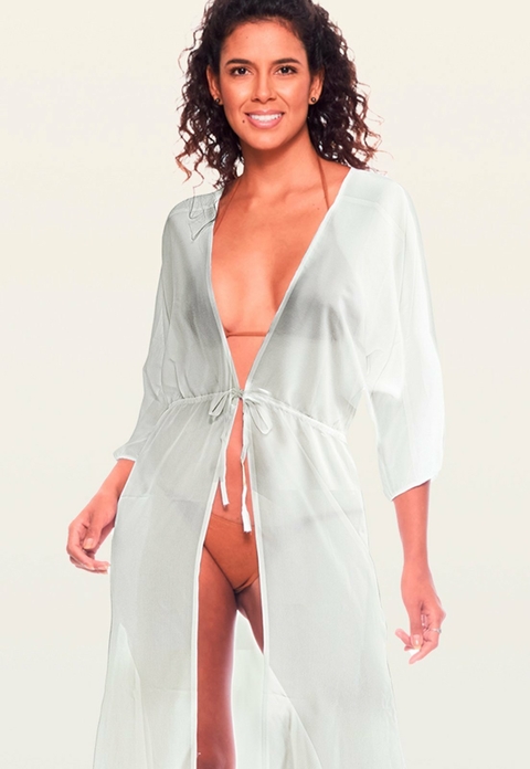 Saída Vestido LONGO Acinturada Aberta com Fendas Manga Longa Bufante Chiffon Semitransparente LISO Branco