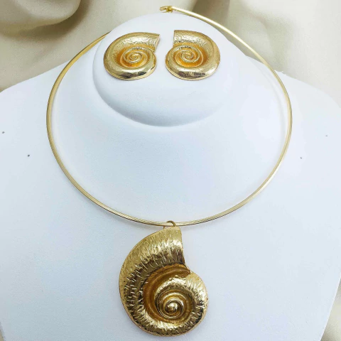 Kit Choker Argola e Brinco Pingente Concha Espiral Moda Mar