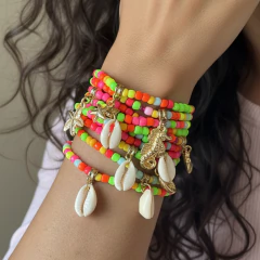 Kit de Pulseira Bracelete de Miçangas Coloridas e Pingentes Moda Mar