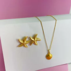 Kit Moda Mar Colar Minimalista com Pingente Concha e Brinco Estrela do Mar