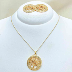 Kit Colar e Brinco Dourado Árvore da Vida - Frase Família - comprar online