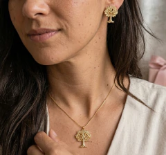Kit Colar e Brinco Dourado Árvore da Vida (sem moldura)