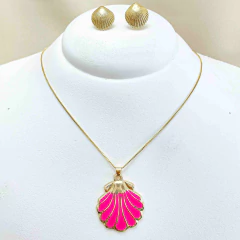 Kit Brinco e Colar Minimalista Concha - Pingente Resinado - Moda Mar