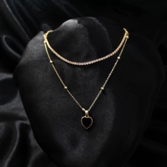 Corrente Colar Feminino Duplo Dourado com Strass e Pingente Coração - loja online