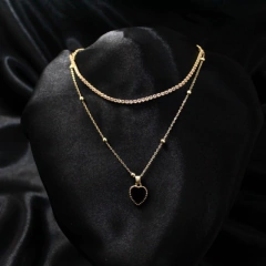 Corrente Colar Feminino Duplo Dourado com Strass e Pingente Coração - GRM Bijuterias