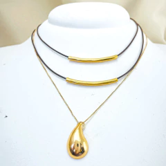 Colar Dois fios de Couro preto e Pingente Dente de Sabre - comprar online