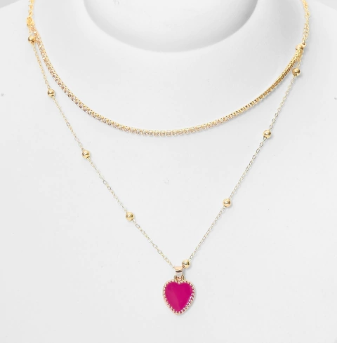 Corrente Colar Feminino Duplo Dourado com Strass e Pingente Coração