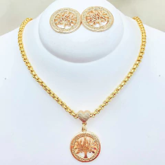 Kit Colar e Brinco Dourado Árvore da Vida - Frase Família