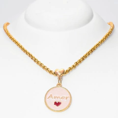 Colar Corrente Veneziana Pingente Resina Bege Coração | Família Amor - GRM Bijuterias